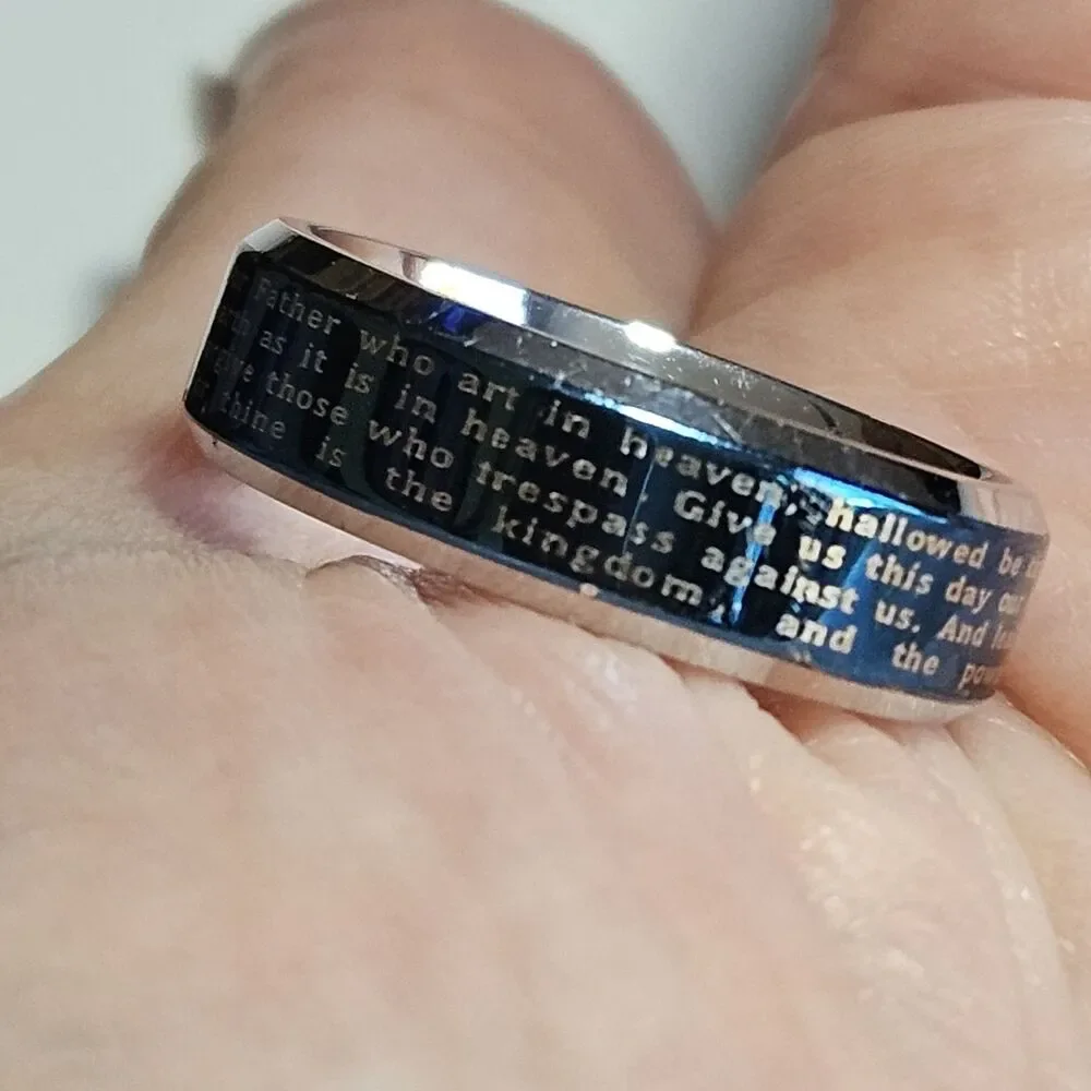 Stainless Steel Two Toned Blue IP & Silver Lord's Prayer Ring Size 7
